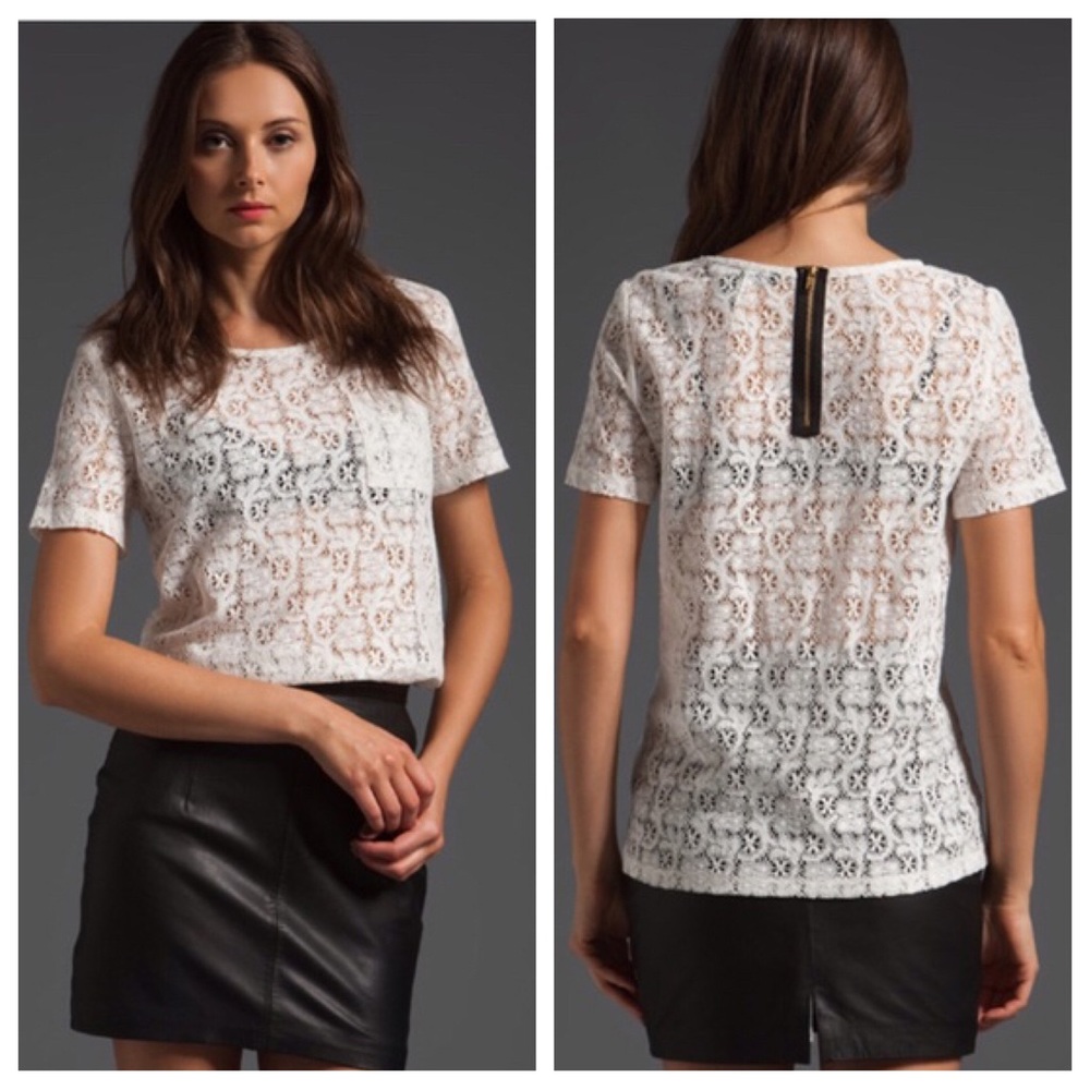 Marc Jacobs Womens Rhiannon Sheer White Lace Tee Top Short Sleeves size Small